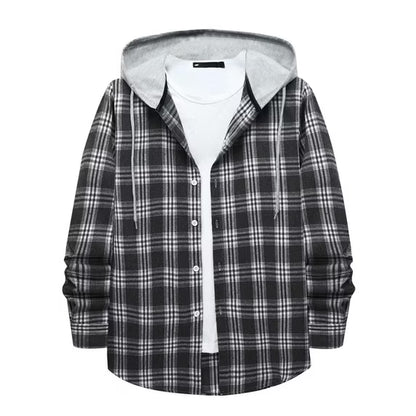 Stylish Men's Flannel Plaid Hooded Shirt - Casual Long Sleeve Button-Down Jacket in Gray#03 - Lightweight Comfort for Every Occasion - Size L