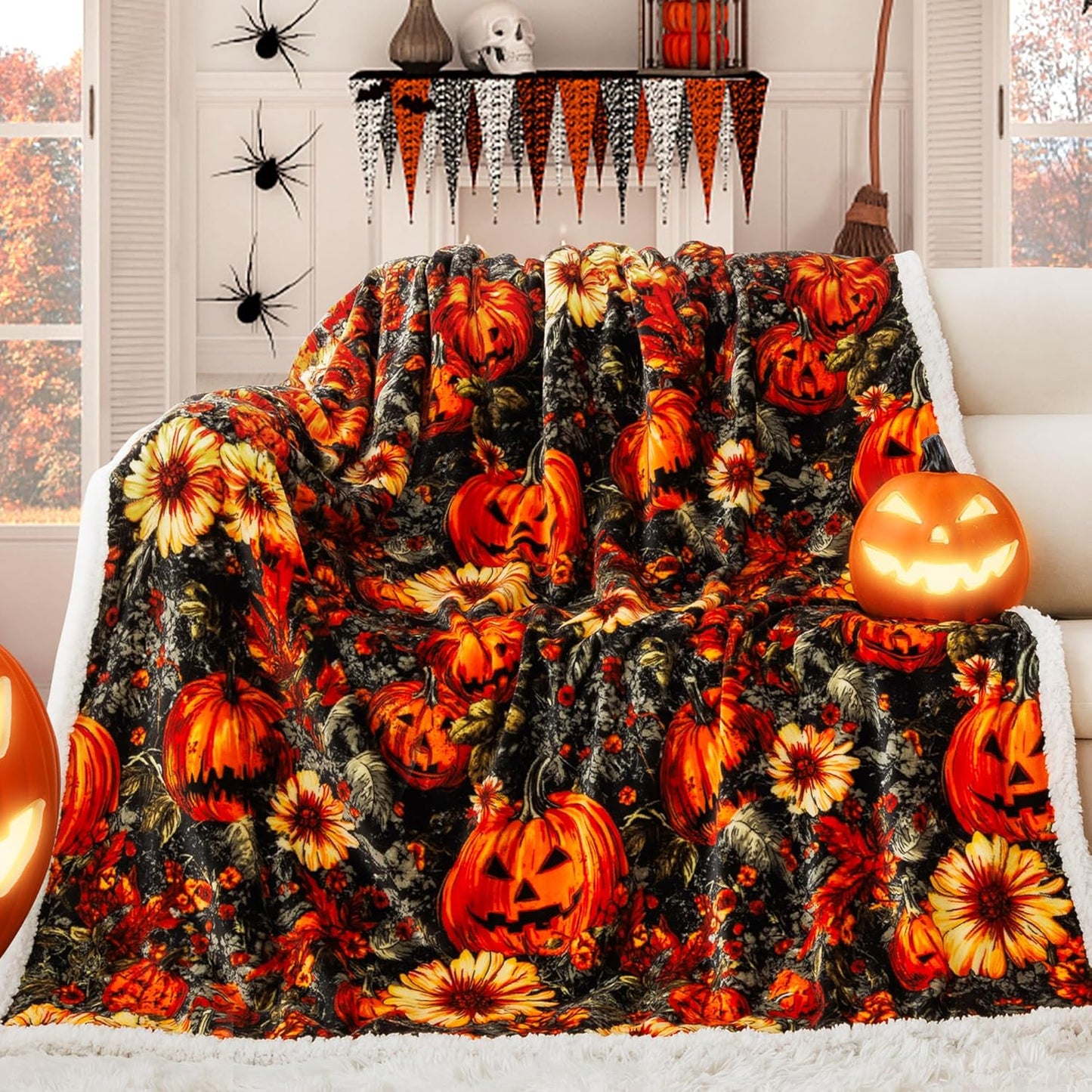 Cozy Halloween Sherpa Throw Blanket - Perfect for Fall Decor with Pumpkin and Leaf Design