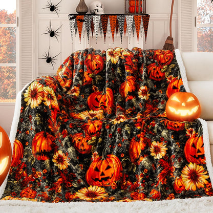 Cozy Halloween Sherpa Throw Blanket - Perfect for Fall Decor with Pumpkin and Leaf Design