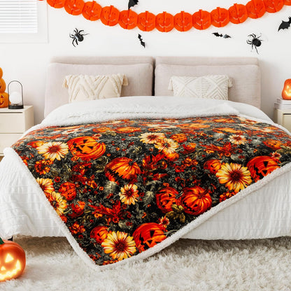 Cozy Halloween Sherpa Throw Blanket - Perfect for Fall Decor with Pumpkin and Leaf Design