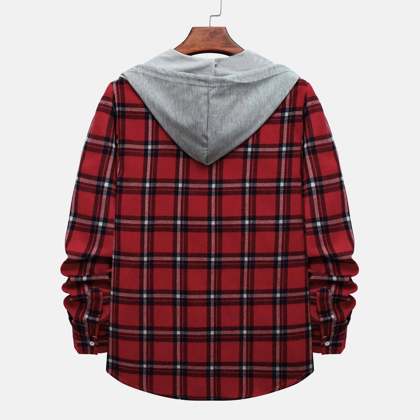 Stay Cozy and Stylish This Season with Our Men's Casual Plaid Flannel Jacket with Hood - Lightweight, Long Sleeve & Versatile in Red, Size XL