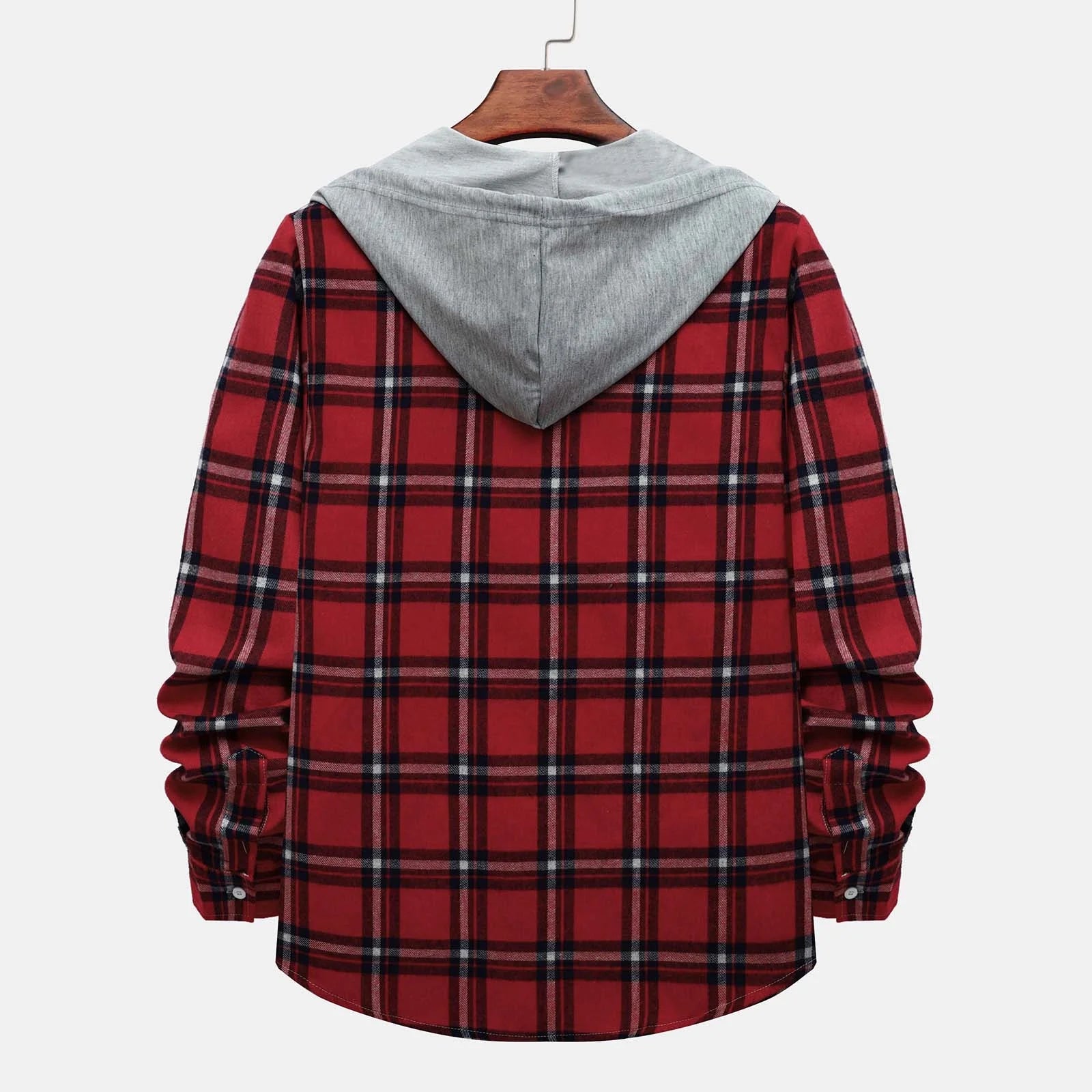 Stay Cozy and Stylish This Season with Our Men's Casual Plaid Flannel Jacket with Hood - Lightweight, Long Sleeve & Versatile in Red, Size XL