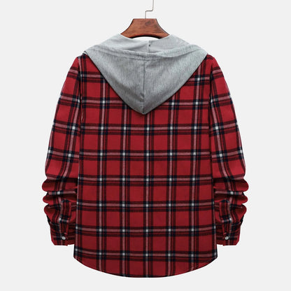 Stay Cozy and Stylish This Season with Our Men's Casual Plaid Flannel Jacket with Hood - Lightweight, Long Sleeve & Versatile in Red, Size XL