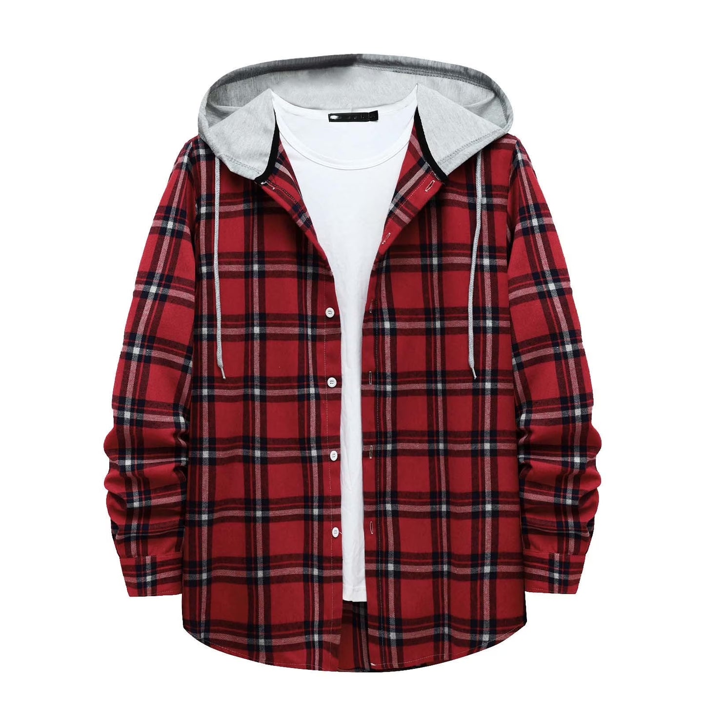 Stay Cozy and Stylish This Season with Our Men's Casual Plaid Flannel Jacket with Hood - Lightweight, Long Sleeve & Versatile in Red, Size XL