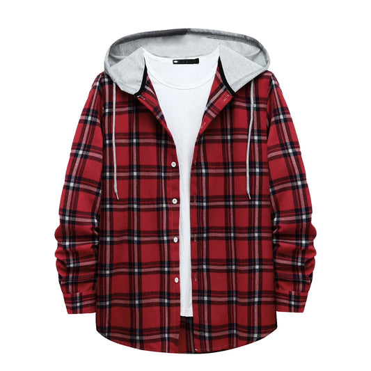 Stay Cozy and Stylish This Season with Our Men's Casual Plaid Flannel Jacket with Hood - Lightweight, Long Sleeve & Versatile in Red, Size XL