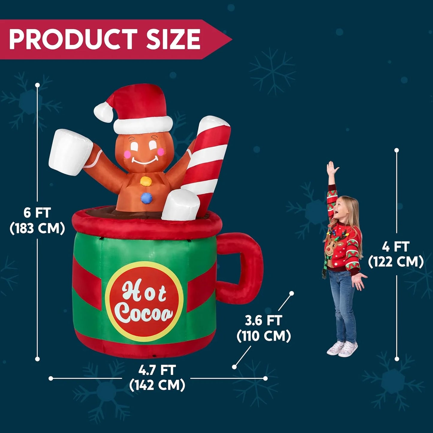 6 Ft Festive Gingerbread Man in a Hot Cocoa Mug - Illuminated Inflatable Christmas Decoration for Your Yard