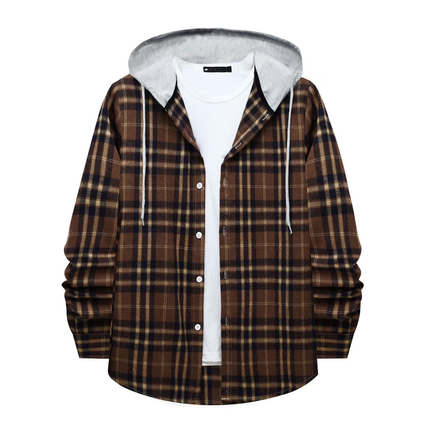 Stylish Men's Flannel Plaid Hooded Shirt - Lightweight Casual Long Sleeve Button Down in Coffee#02 - Perfect for Every Season!
