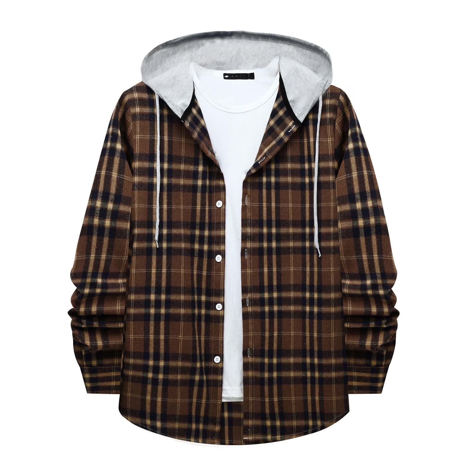 Stylish Men's Flannel Plaid Hooded Shirt - Lightweight Casual Long Sleeve Button Down in Coffee#02 - Perfect for Every Season!