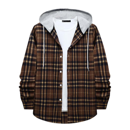 Stylish Men's Flannel Plaid Hooded Shirt - Lightweight Casual Long Sleeve Button Down in Coffee#02 - Perfect for Every Season!