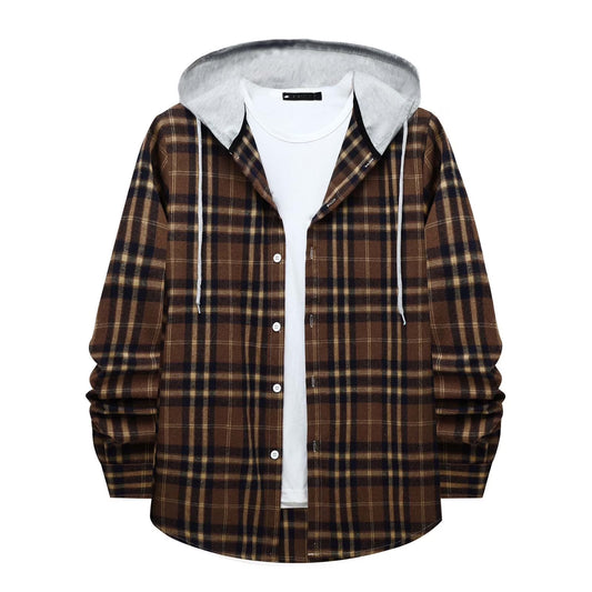 Stylish Men's Flannel Plaid Hooded Shirt - Lightweight Casual Long Sleeve Button Down in Coffee#02 - Perfect for Every Season!