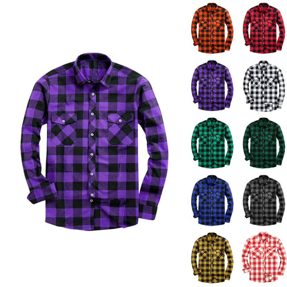 Stylish Clearance Long Sleeve Flannel Plaid Shirt for Men - Lightweight Purple Button-Up with Pockets