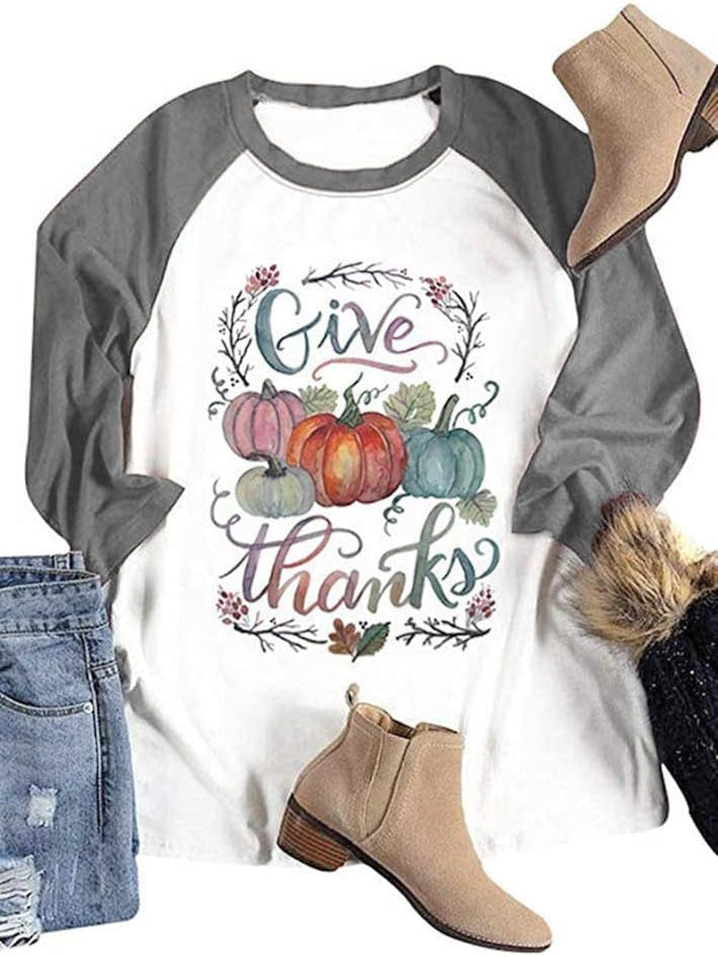 Celebrate Thanksgiving in Style with Our Give Thanks Pumpkin 3/4 Sleeve Tee for Women