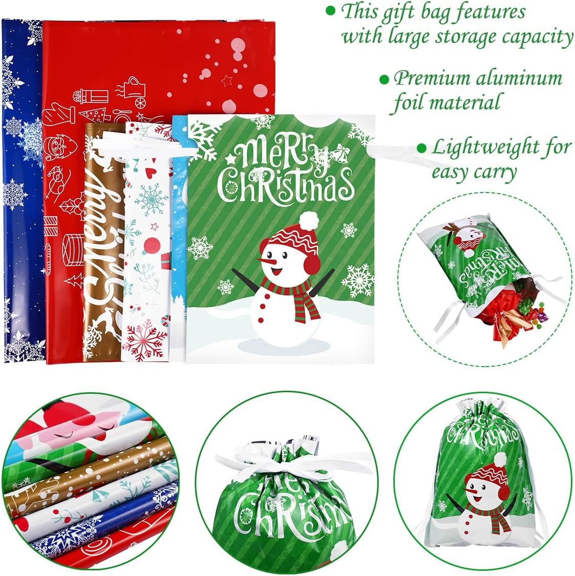 30PCS Assorted Christmas Drawstring Bags - Festive Foil Wrapping Sacks for Holiday Gifts and Party Favors