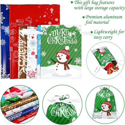 30PCS Assorted Christmas Drawstring Bags - Festive Foil Wrapping Sacks for Holiday Gifts and Party Favors