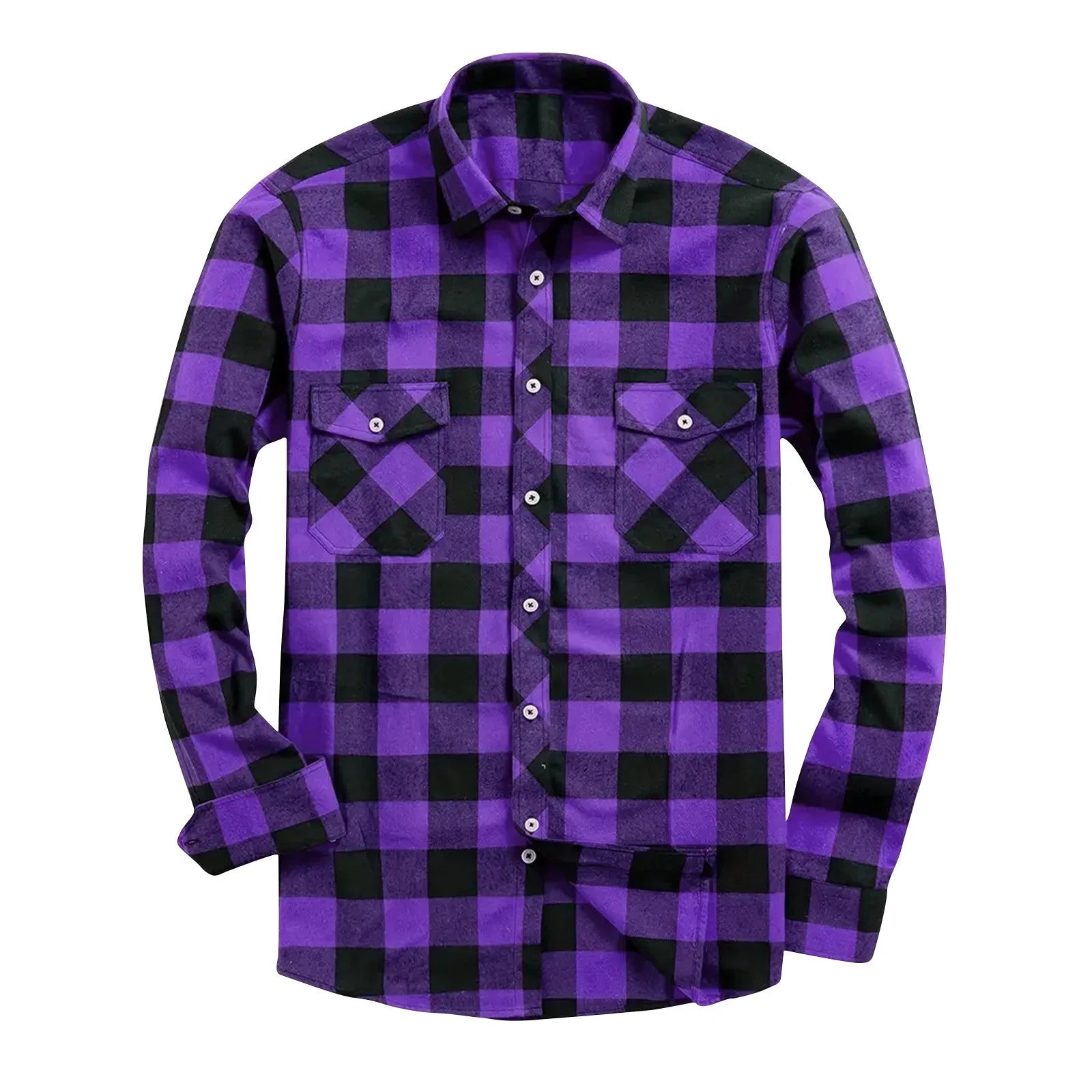 Stylish Clearance Long Sleeve Flannel Plaid Shirt for Men - Lightweight Purple Button-Up with Pockets