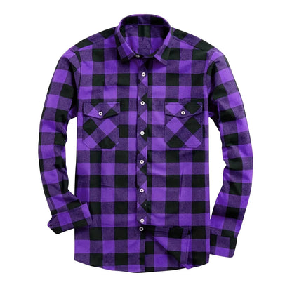 Stylish Clearance Long Sleeve Flannel Plaid Shirt for Men - Lightweight Purple Button-Up with Pockets