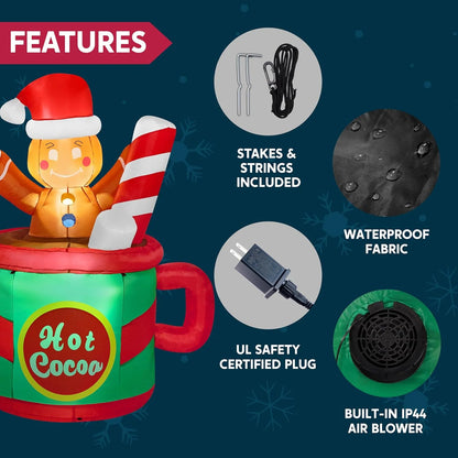 6 Ft Festive Gingerbread Man in a Hot Cocoa Mug - Illuminated Inflatable Christmas Decoration for Your Yard