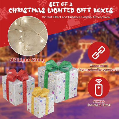 Set of 3 Enchanting Christmas Lighted Gift Boxes - Pre-Lit 48 LED Holiday Decor for Indoor and Outdoor Festivities