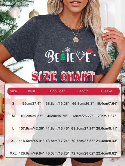 Christmas Shirt for Women Believe Letter Print T Shirts Asual Retro Holiday Short Sleeve Pullover Tops Xmas Gift