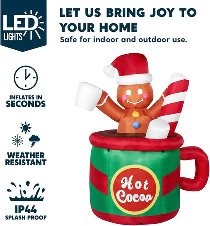 6 Ft Festive Gingerbread Man in a Hot Cocoa Mug - Illuminated Inflatable Christmas Decoration for Your Yard