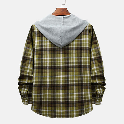 Men's Lightweight Hooded Flannel Plaid Shirt - Casual Long Sleeve Button Down in Stylish Green#01