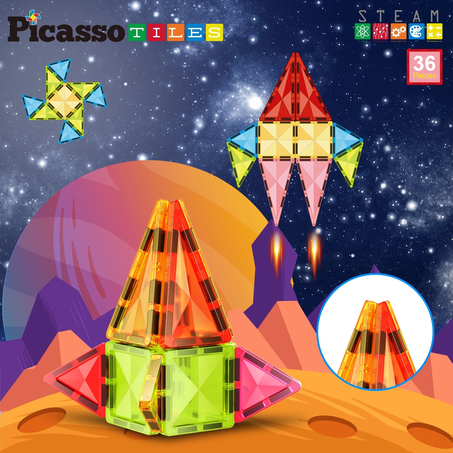 PICASSO-TILES 36PCS Magnetic Building Blocks Set - Travel-Friendly STEM Educational Toy for Kids