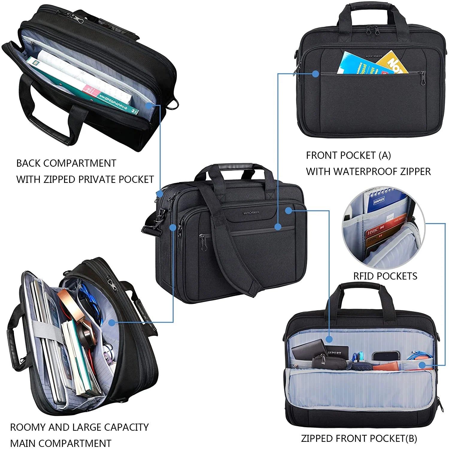 Stylish and Durable Black Laptop Bag Briefcase – Fits Up to 17.3" Laptops, Perfect for Travel, Business, and School