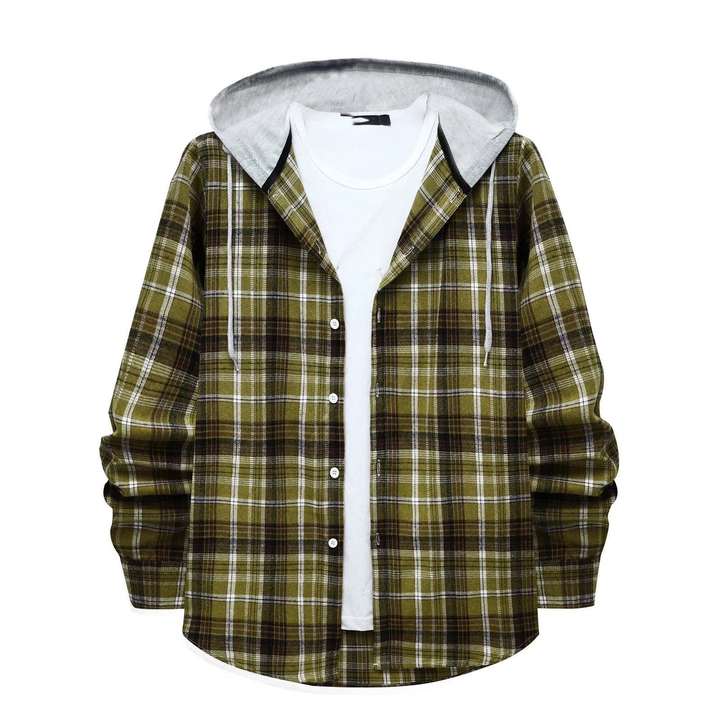 Men's Lightweight Hooded Flannel Plaid Shirt - Casual Long Sleeve Button Down in Stylish Green#01