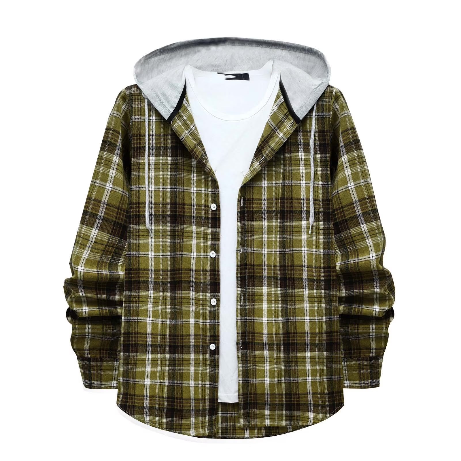 Men's Lightweight Hooded Flannel Plaid Shirt - Casual Long Sleeve Button Down in Stylish Green#01