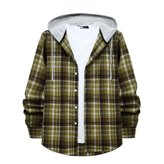 Men's Lightweight Hooded Flannel Plaid Shirt - Casual Long Sleeve Button Down in Stylish Green#01