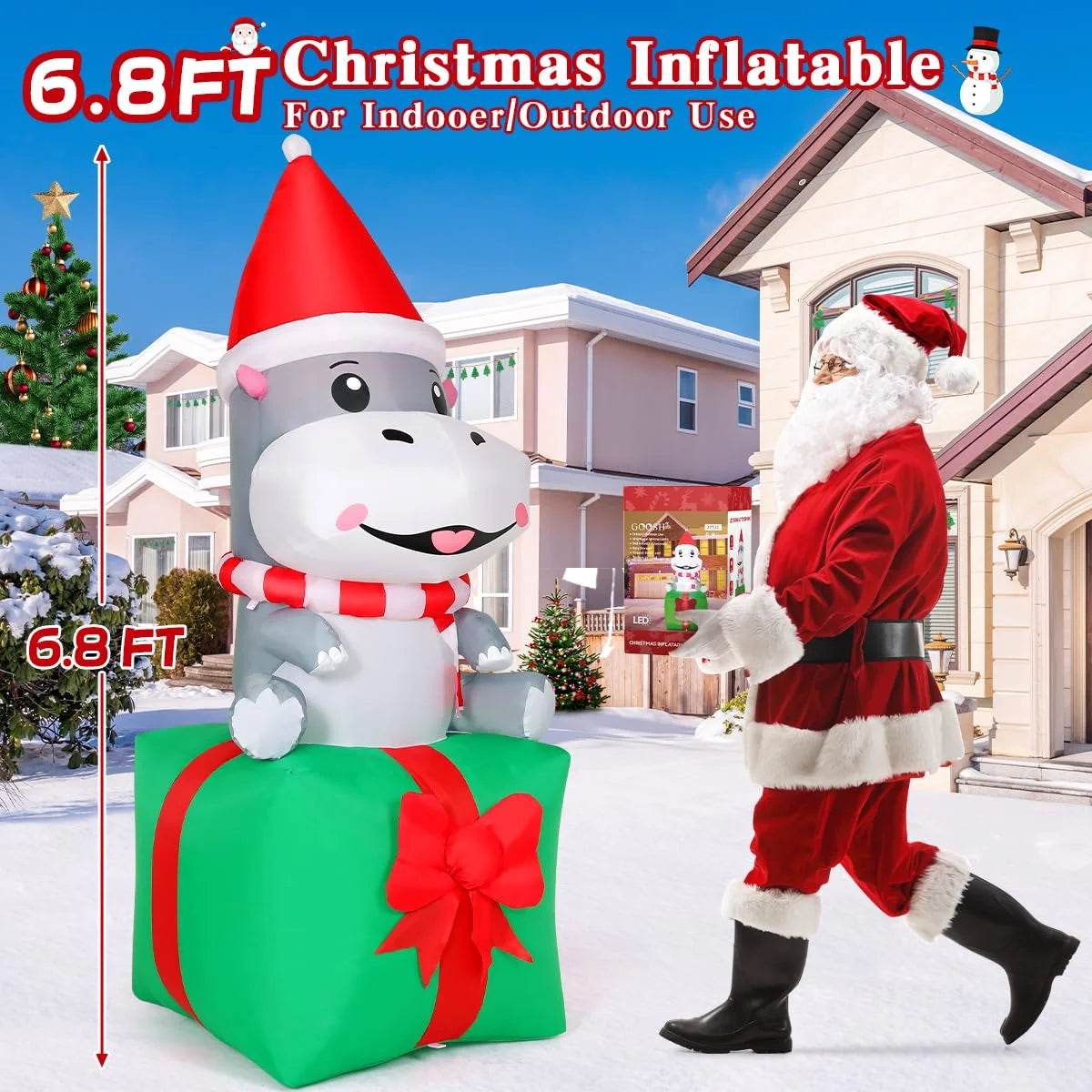 Brighten Your Holidays with a 6.8 FT Smiling Hippo Christmas Inflatable - Perfect for Indoor and Outdoor Festivities!